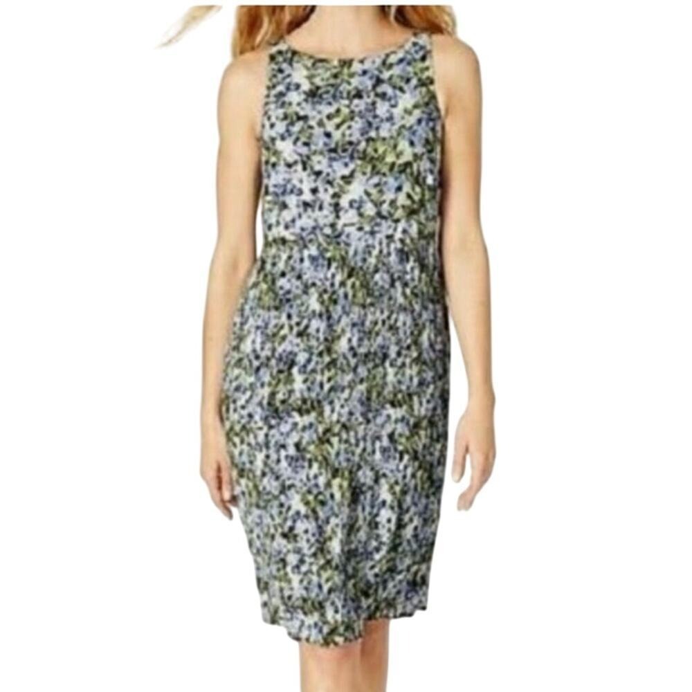 J. Jill Floral Sleeveless Sheath Dress Micro Pleat Blue Green Watercolor Print M